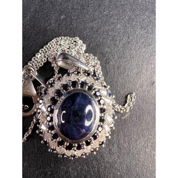NEW Blue star sapphire and moissanite sterling silver halo pendant necklace - Picture 2 of 14